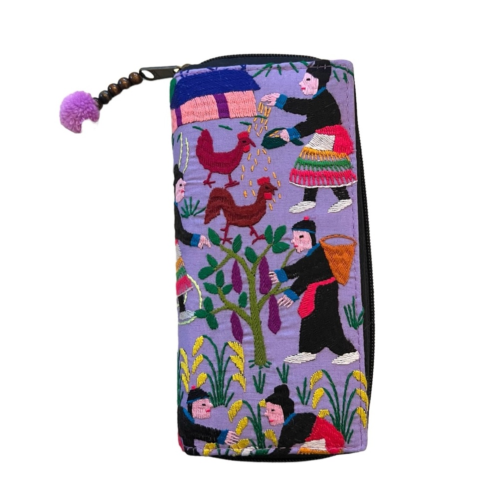 2/$15 Embroidered wallet country scene purple multi pocket zipper coin center